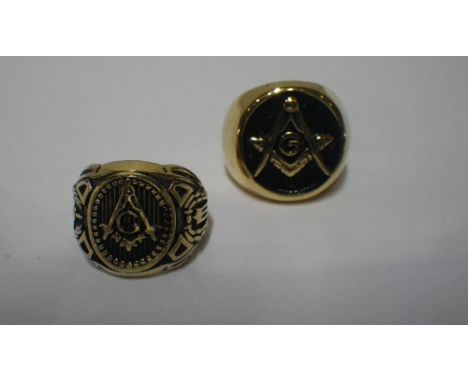 TWO GENTLEMEN'S UNMARKED YELLOW METAL MASONIC RINGS, one ring size P the other S