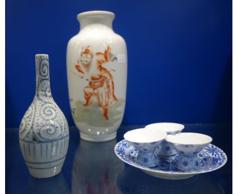 A JAPANESE MEIJI PERIOD VASE decorated with a warrior, seal mark below, a Chinese blue and white Kangxi style blue and white 