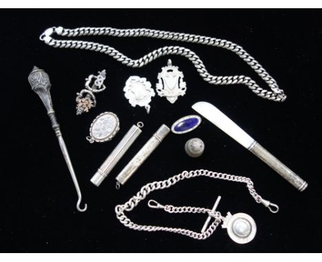 A COLLECTION OF MIXED COLLECTABLE SILVER, including a silver Albert chain, three silver fobs, silver link chain necklace, two