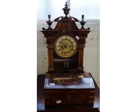 A LATE VICTORIAN WALNUT CASED MANTEL CLOCK "M.H. Tilley &amp; Sons Dorchester" and a brass inlaid hardwood box (2)