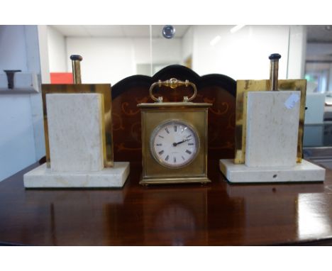 A PAIR OF ART DECO STYLE TABLE LAMP BASES (filled tops) and a brass mantel clock