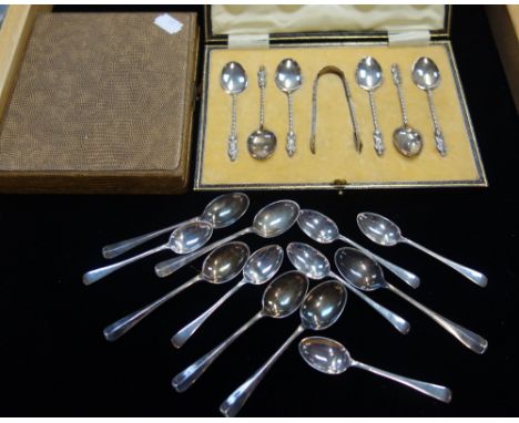 A CASED SET OF SILVER "APOSTLE" TEASPOONS AND TONGS, ANOTHER CASED WALKER &amp; HALL SET, and a set of six silver coffee spoo