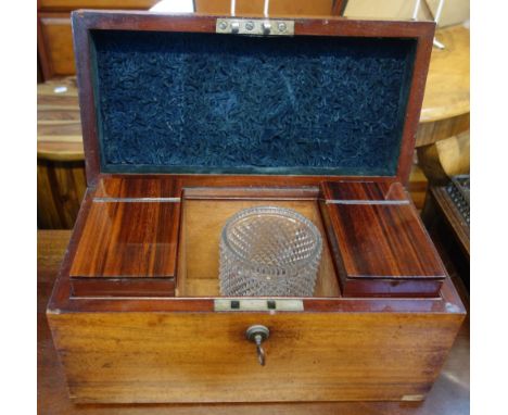 A 19TH CENTURY MAHOGANY TEA CADDY with a fitted interior, 35cm wide