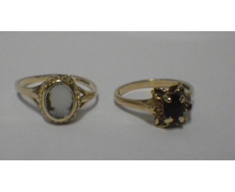 TWO 9CT YELLOW GOLD DRESS RINGS, ring size O and J