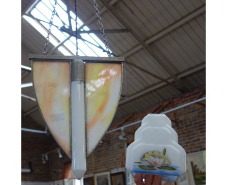 AN ART DECO ELECTRIC HANGING LAMP of curved triangular form, with glazed side panels and a Vintage glass shade (2)