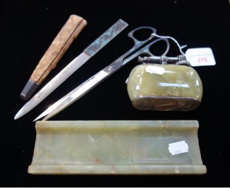 A VINTAGE DUNHILL GREEN ONYX LIGHTER, an onyx pen dish, a Vintage British Butanic lighter a pair of Vintage scissors with a m