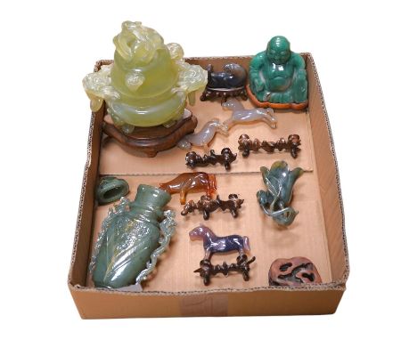 A group of Chinese and jadeite hardstone carvings to include seated figure of Buddha and twin handled censer on hardwood stan