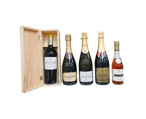 Five bottles; a Graham Beck Brut, a Heretat El Padruell Cava, a Bollinger champagne, a half bottle of Fortnum and Mason Cogna