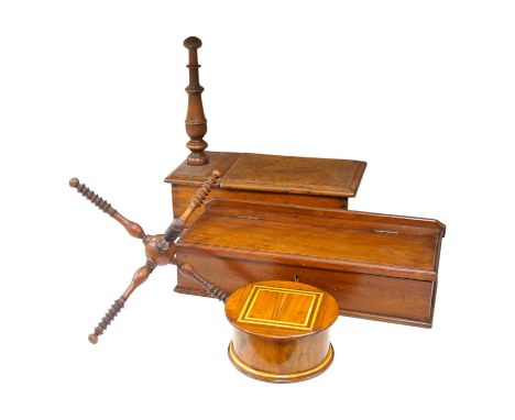 19th/early 20th century woodenware to include Pitcairn Islands circular box and treen ‘cat’ or plate stand, largest 44cm wide