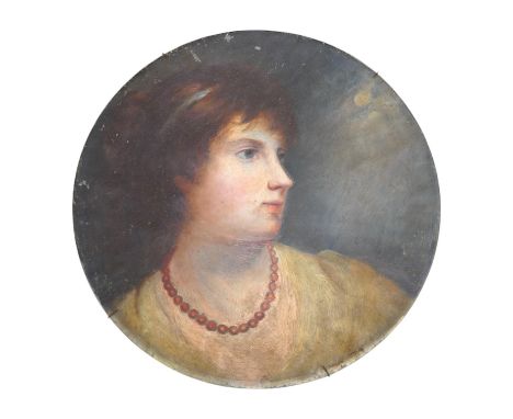 Victorian School, oil on pewter charger, Head and shoulders portrait of a lady wearing a coral necklace, 36cm diameter. Condi
