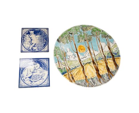 Two Minton pottery Arts and Crafts fireplace tiles, printed in blue and white, with scenes from Aesops fables - ‘’The Fox and