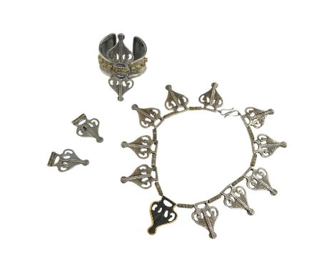 An unusual recent suite of German 925, yellow metal, iron and rough cut diamond set jewellery, comprising a fringe necklace, 