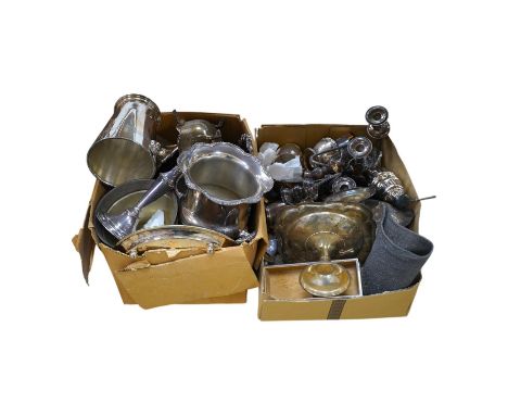 A quantity of assorted plated wares to include candelabra, wine coolers and pedestal dishes. Condition - varies, mostly fair