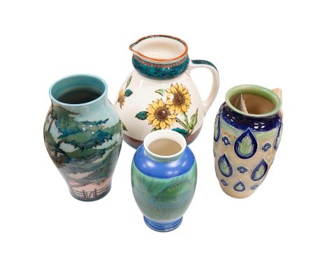 A Doulton stoneware Art Nouveau style vase, a Poole pottery vase and two other pieces, largest 27cm high. Condition - good