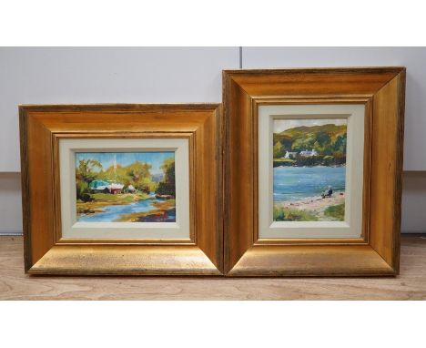 Impressionist, pair of oils on board, Riverscape with moored boats and lakeside scene, each indistinctly signed, Mat ..?, eac