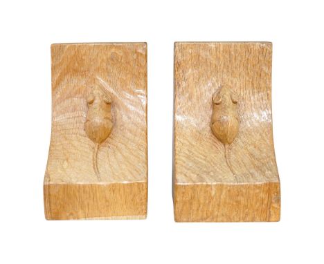 Workshop of Robert ‘’Mouseman’’ Thompson of Kilburn - a pair of English oak single mouse bookends, each with carved mouse tra