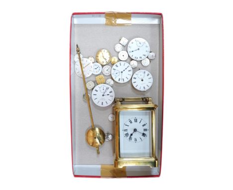 A brass cased carriage clock and assorted pocket watch movements, etc. Condition - varies