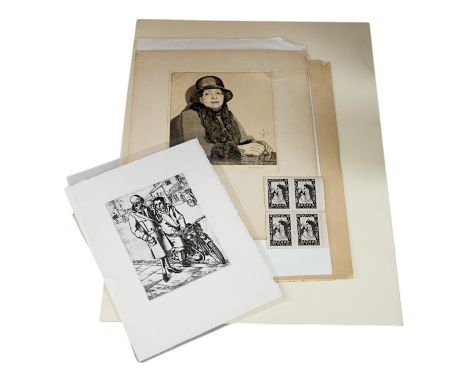 Carl Wragg (Exh. 1936-1937), a folio of assorted etchings and drawings, including macabre death on a motorbike etching, prepa