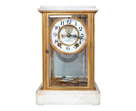 A Japanese four glass brass and alabaster mantel clock by Seikosha, with brocot type escapement and outside rack strike, stri