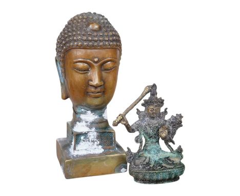 A large Buddhist head seal and seated figure of Tara, largest 19cm high. Condition - fair