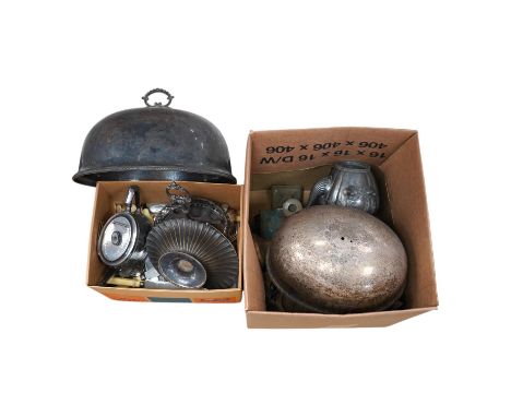 A collection of silver plate and metalware to include swing handled dish, teapot, domes and flatware. Condition - varies, gen