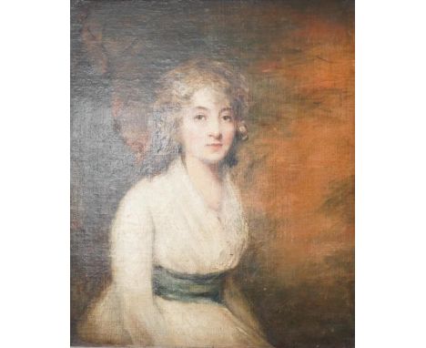 In the manner of George Romney (1734-1802), oil on canvas, Portrait of a Regency lady, unsigned, 30 x 24cm, ornately framed. 