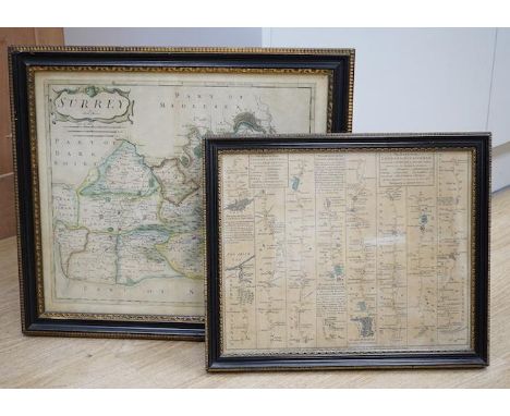 Two antique hand coloured engraved maps comprising, After Robert Morden, Surrey and a road map, ‘London to Buckingham’, large