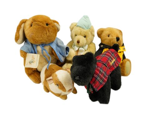 Five modern teddy bears, together with a Merrythought guinea pig, a Harrods Scottie dog, Peter Rabbit and an artist rabbit (9