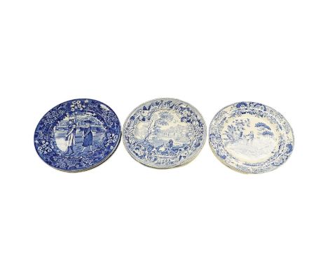 Six early 19th century blue and white transfer printed plates, including Spode, and three Wedgewood months blue and white pla