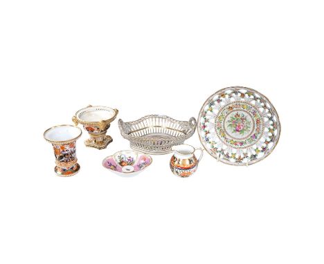 Three Imari pattern ceramic pots, a Crook’s pierced floral decorated plate, diameter 21cm, a pierced Dresden basket, and a sm