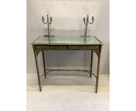 A brass and mirrored console table, width 96cm, depth 48cm, height 118cm. Condition - fair