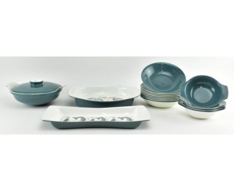 Poole Pottery - a collection of vintage 20th century ceramics, all with blue external colour. The lot comprising a shrimp pla