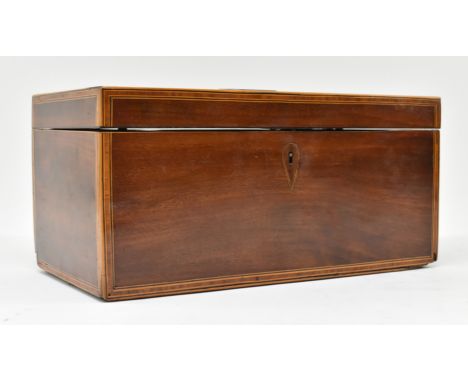 An early 19th century George III Regency mahogany and satinwood marquetry inlaid tea caddy box. The caddy featuring white met
