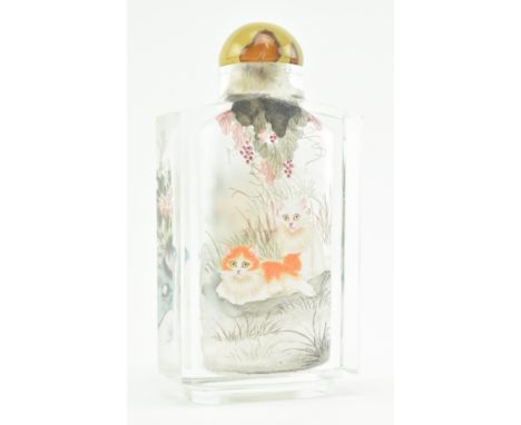A 20th century Chinese inside-painted glass snuff bottle. The rectangular shaped bottle with cylindrical neck, the interior h