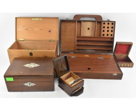 A collection of early 20th century &amp; later wooden work boxes / artists' boxes. The lot to include an artist's case with b