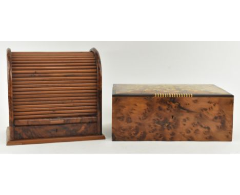 Two early 20th century bird's eye maple veneered desk tidy boxes. The lot to include a tambour top / front desk tidy opening 