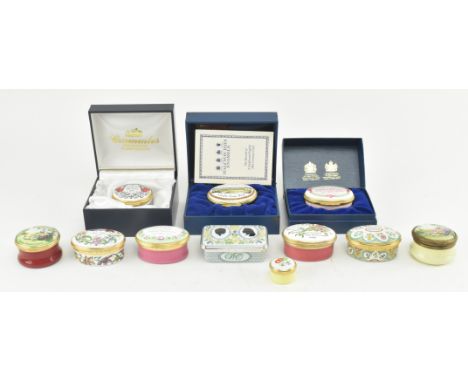 A collection of vintage enamel pill boxes, all Halcyon Days, Crummles or Bilston. The lot to include limited edition Halcyon 