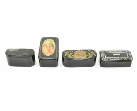 A collection of four lacquer papier mache snuff box. The lot comprising a French continental style hand painted vase with flo