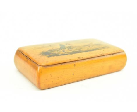 A 19th century Scottish sycamore treen hunting scene snuff box. The snuff depicts a man holding a rabbit in his hand with two