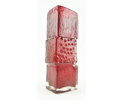 After Geoffrey Baxter for Whitefriars - a ruby Drunken Bricklayer 1960s style retro cased glass vase.Measures approx. 22cm ta