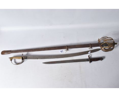 A US 1917 WINCHESTER BAYONET, a nineteenth century basket HILT sword and another curved blade sword, the bayonet is missing i