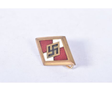 A GERMAN GOLD HITLER YOUTH MEMBERS HONOR BADGE, this badge is die struck alloy with a gold wash and enamel on the front, cons
