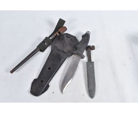 A DIVERS KNIFE, SPIKE BAYONET AND A SHEATH FOR A HJ DAGGER, the spike bayonet does show some surface rust in places, the dive