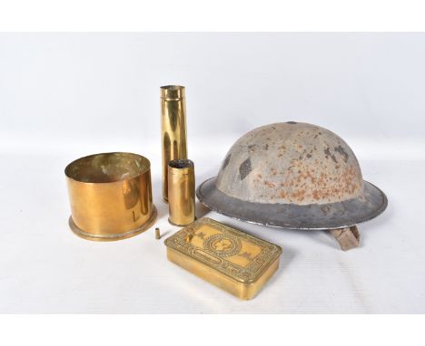 A 1914 PRINCESS MARY TIN, TRENCH ART AND A STEEL HELMET, the tin is in very good condition for its age with no splits, the li