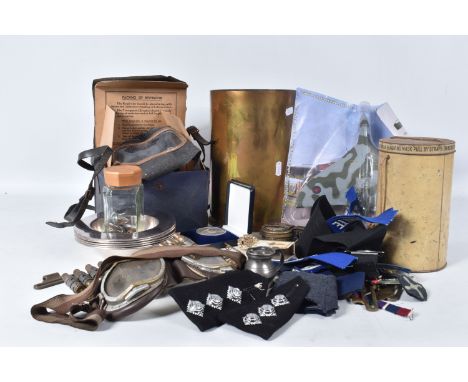A BOX OF MIXED MILITARIA, to include a WWII compass, WWI trench art, gas masks, buttons, badges, bowls etc, one gas mask is a