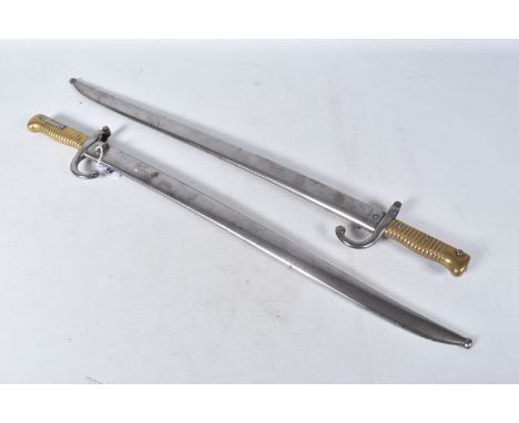 TWO FRENCH CHASSEPOT RIFLE BAYONETS WITH MATCHING SCABBARDS, the first is dated 1869 and the blade guard and scabbard have J5