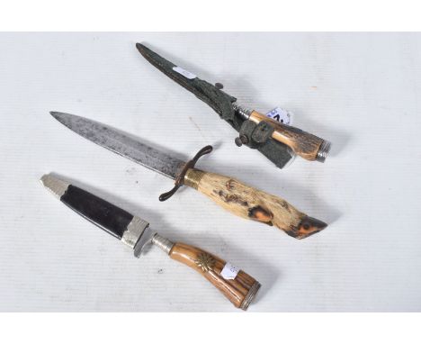 THREE SMALL HUNTING KNIVES, to include one made by Puma, the knives include the Puma one in a leatherette scabbard and motif 