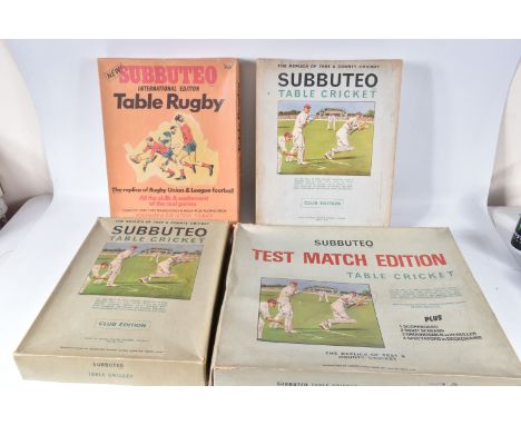 FOUR BOXED SUBBUTEO CRICKET AND RUGBY SETS, comprising Table Cricket Test Match Edition and 2 x Club Edition, with a Table Ru