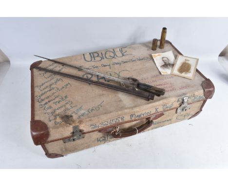 A FRENCH NINETEENTH CENTURY BAYONET, two small items of trench art, two small postcard photographs and a military style suitc