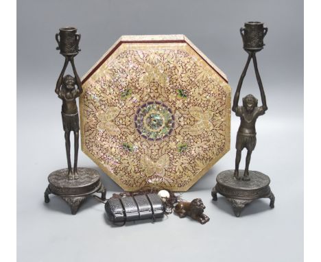   A pair of Japanese ‘Ashinaga’ and ‘Tanaga’ bronze candlesticks, a lacquer and mother-of-pearl inlaid inro and a modern moth